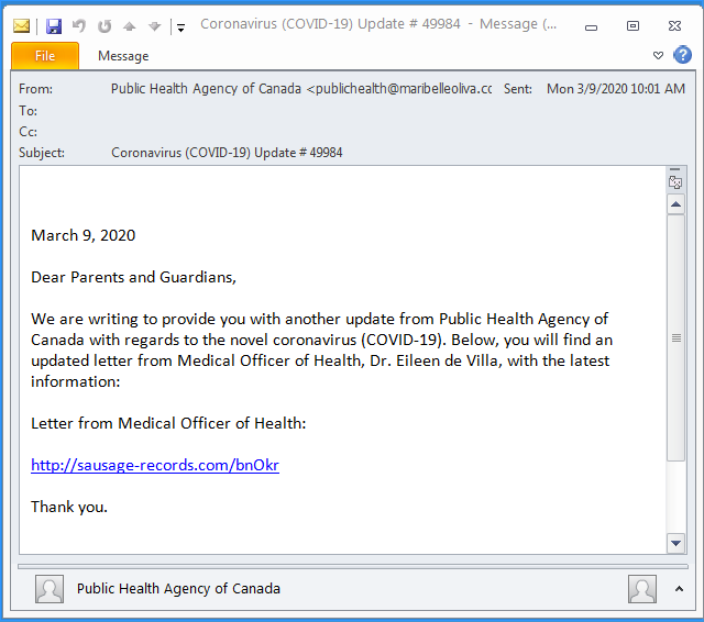 COVID 19 coronavirus email spam example